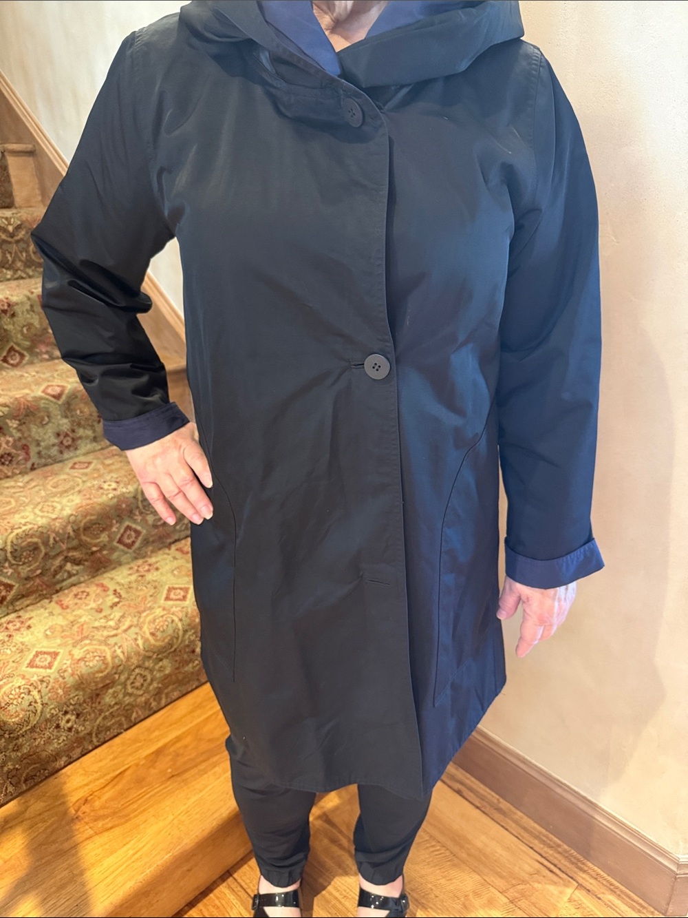 Eileen Fisher Women’s Black Hooded Mid-Length Coat